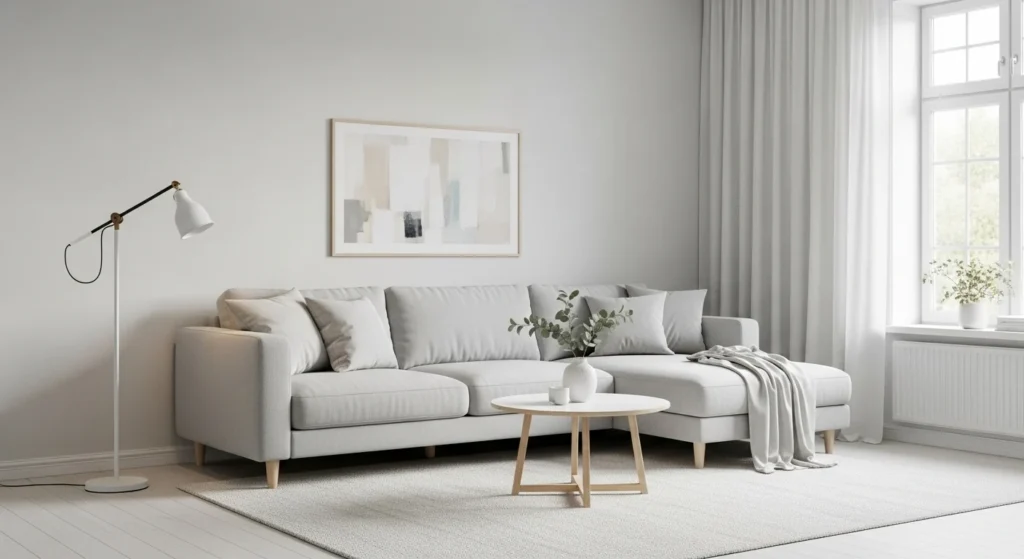 scandinavian living room with light sectional sofa minimal design