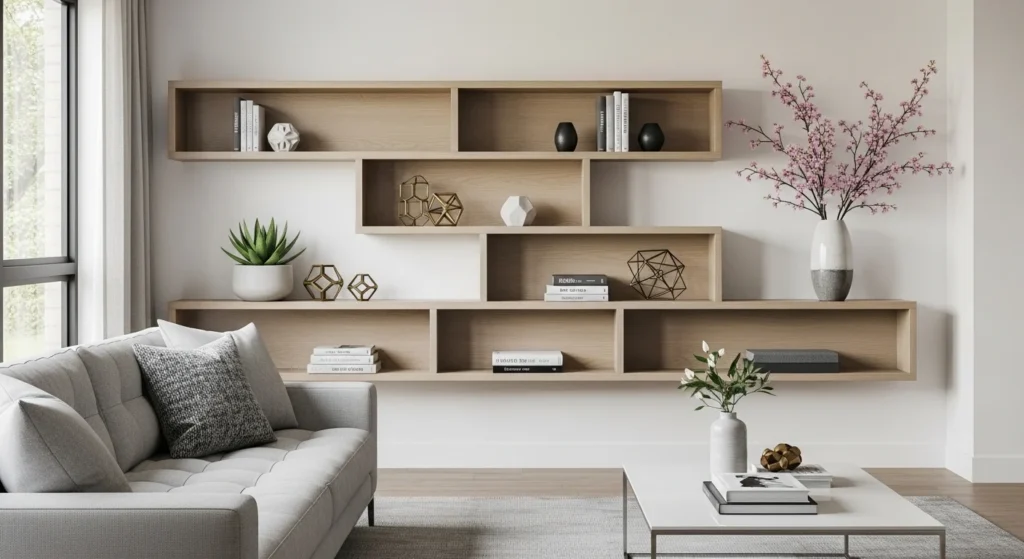living room built in shelves decor clean organized modern look