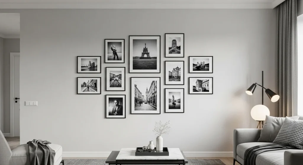 living room black and white photo wall modern gallery design