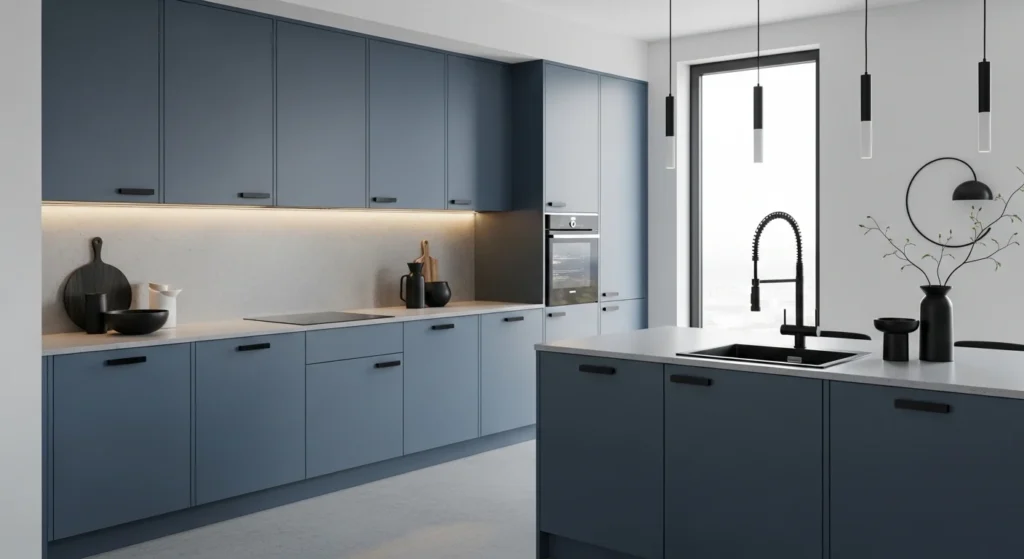 blue kitchen with black accents modern contrast design