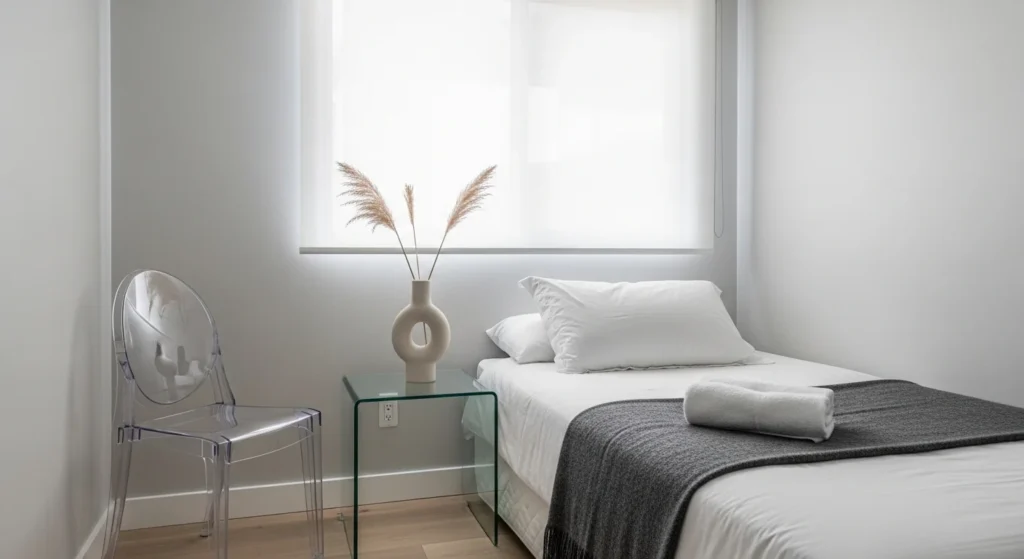 small bedroom with glass furniture creating open and airy appearance