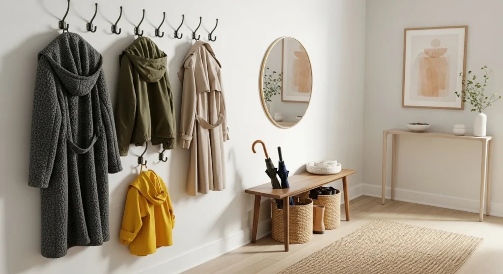 foyer with wall hooks for coats and bags organization