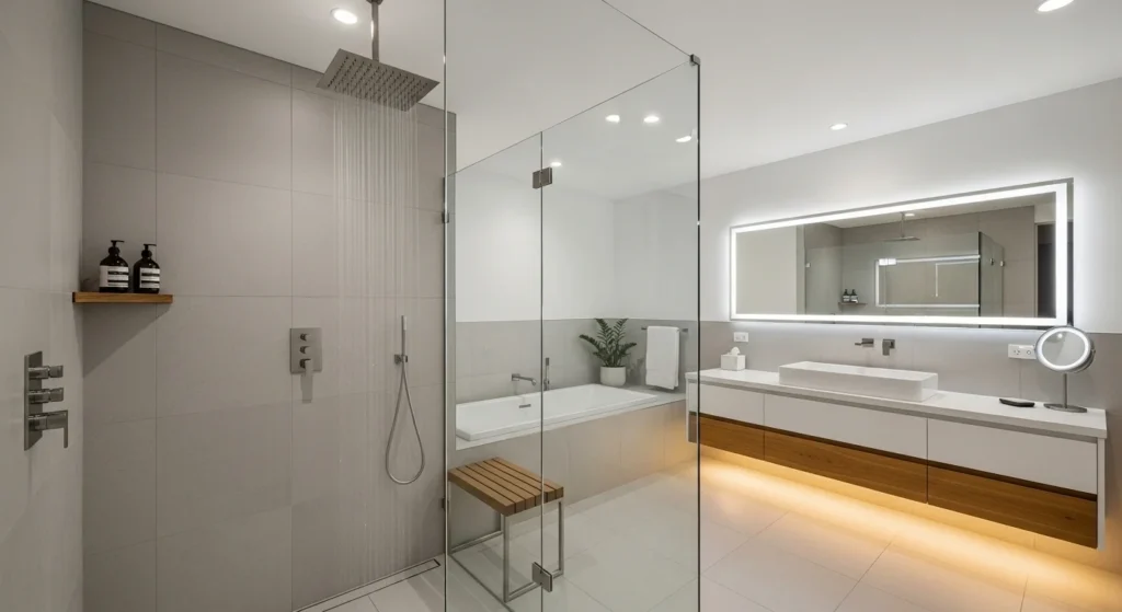 bathroom with rainfall showerhead relaxing spa experience