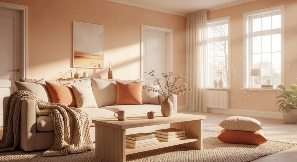 living room with peach wall color warm bright cozy aesthetic
