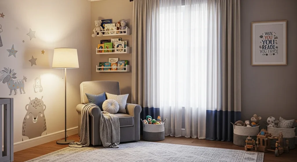 boys nursery cozy reading corner with chair and soft lighting