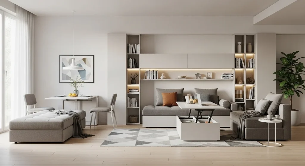 living room with multifunctional furniture space saving design