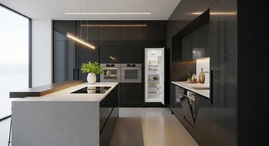 kitchen with integrated appliances hidden within cabinets