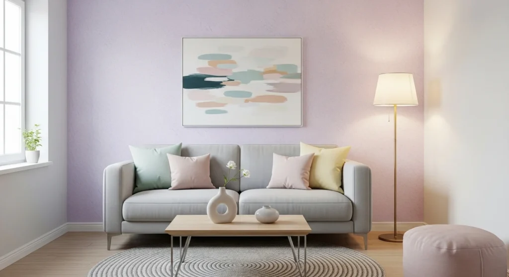 small living room with soft accent wall modern pastel tones