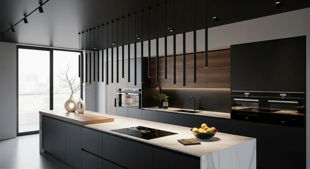 kitchen with black ceiling bold modern dramatic design