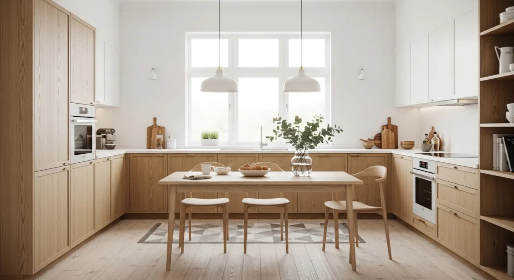 scandinavian kitchen layout light wood and white tones minimal aesthetic