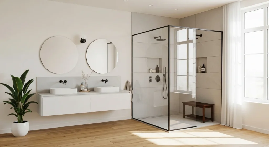 bathroom with glass partition making space feel open and bright