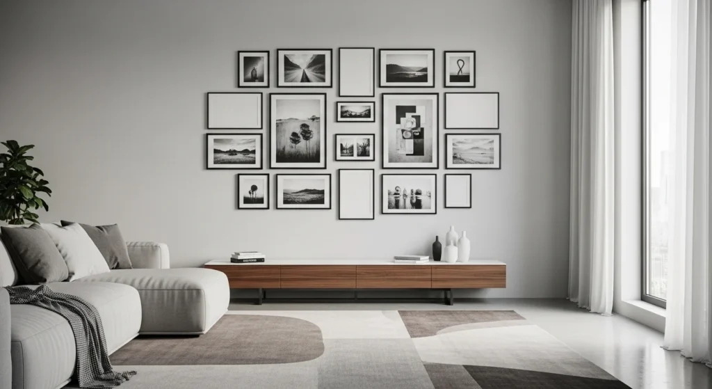 living room photo frame grid wall decor structured modern layout