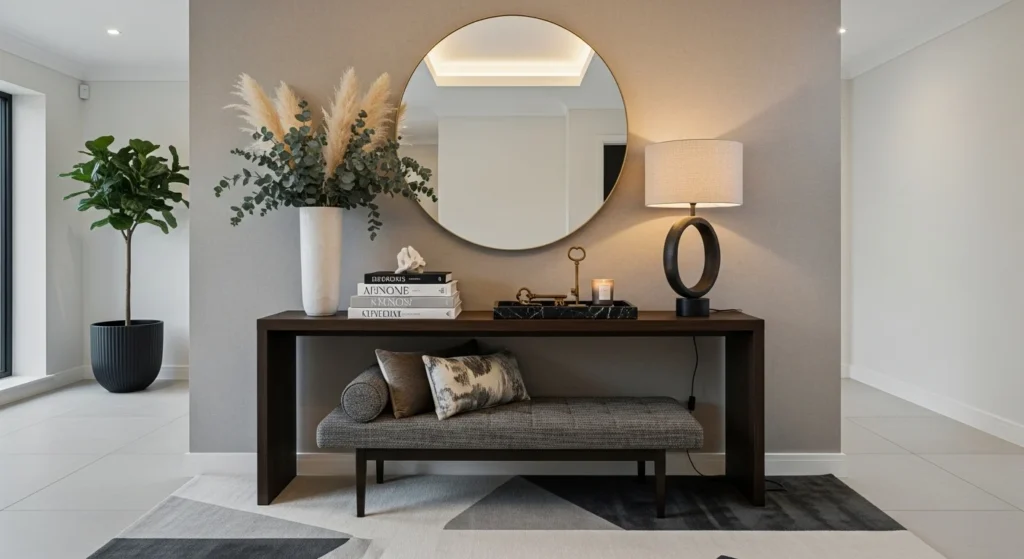 foyer with layered decor styling creating designer look