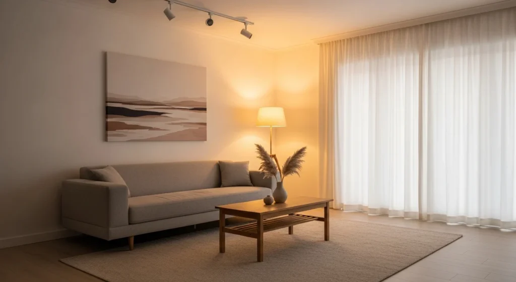 living room with off white walls clean soft minimal design