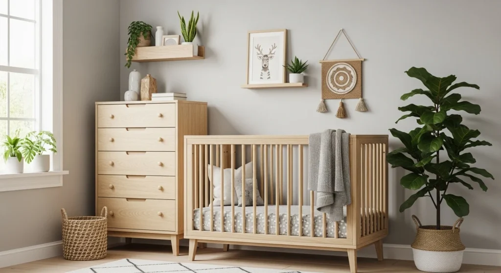boys nursery with nature inspired decor plants and wood tones