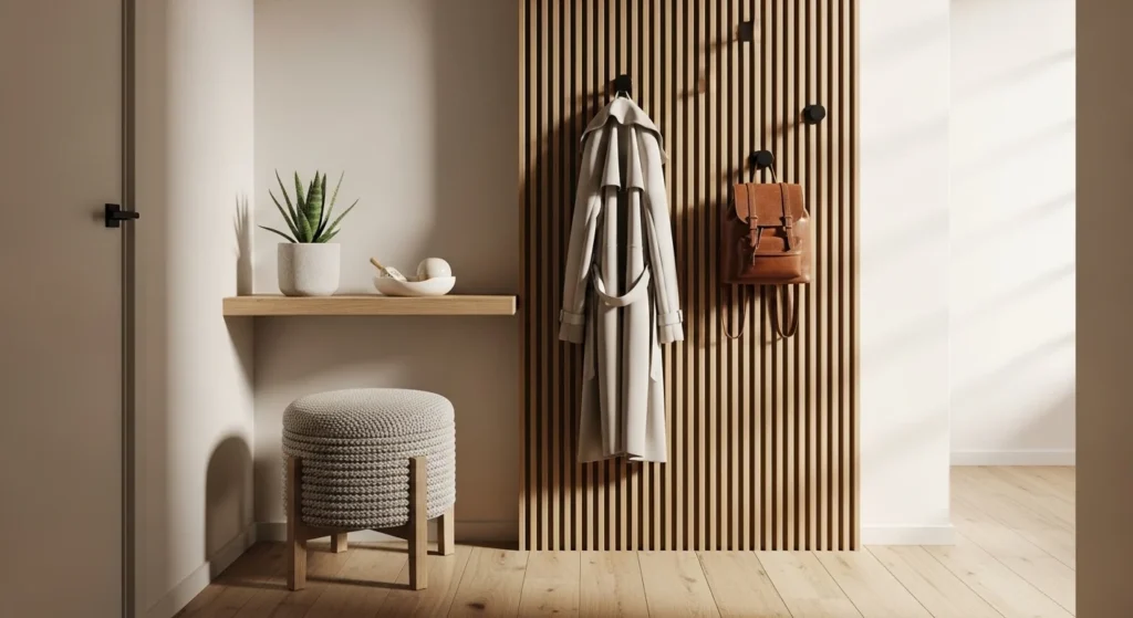 small entryway with compact seating stool for convenience