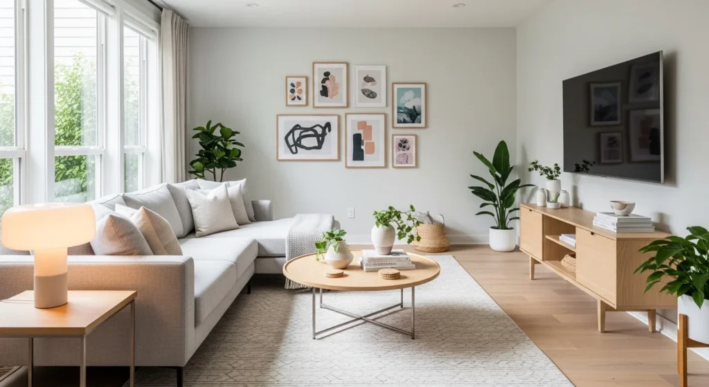 living room with light wood accents adding warmth and brightness