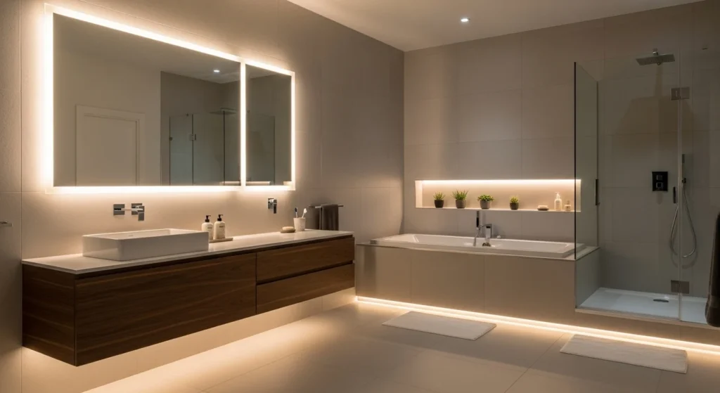 bathroom with hidden LED lighting creating modern glowing effect