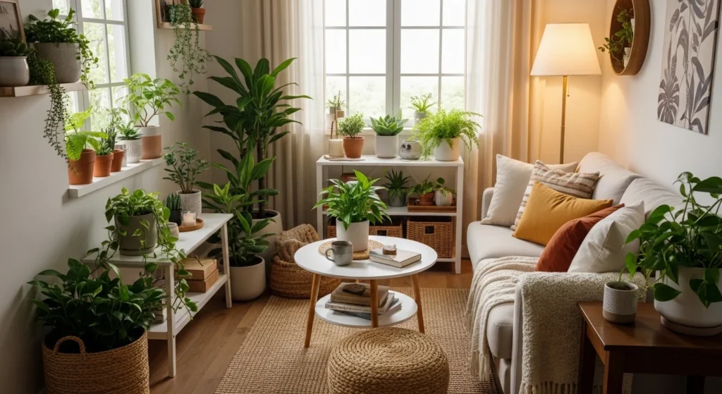 small living room with plants adding freshness and cozy vibe
