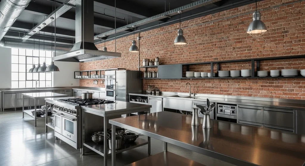 industrial kitchen layout with metal finishes exposed brick modern style
