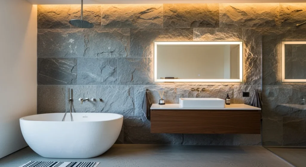 bathroom with textured wall adding depth and modern style