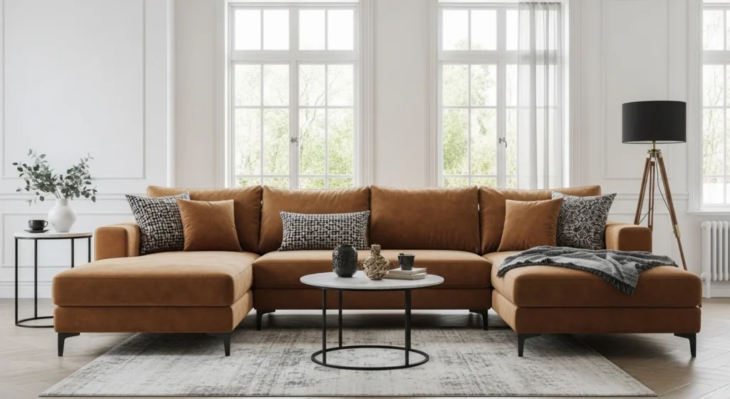 living room velvet sectional sofa luxury cozy aesthetic design