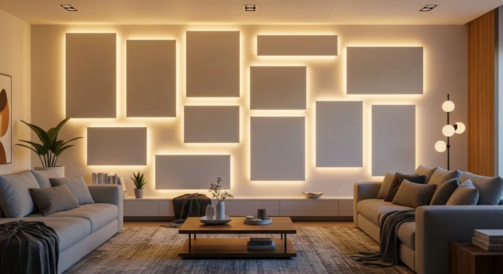 living room LED backlit wall panels cozy modern lighting effect