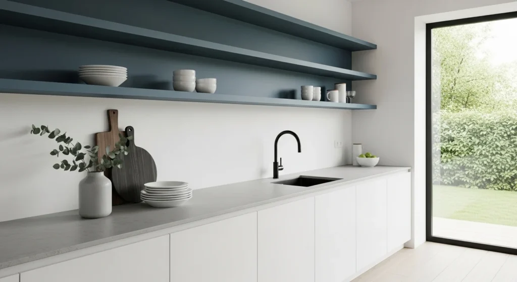 kitchen with blue open shelves modern minimal decor