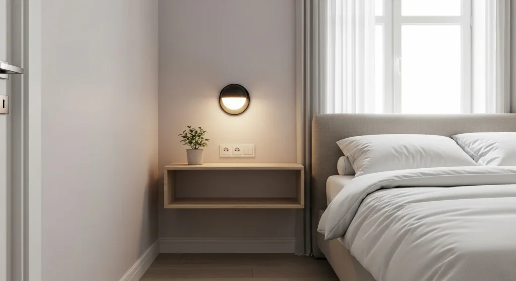 small bedroom with floating nightstand freeing floor space