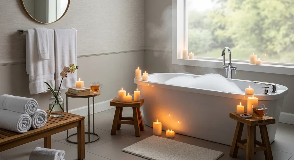 bathroom with scented candles soft relaxing spa ambiance