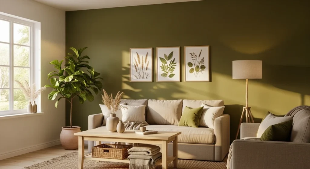 living room with olive green accent wall natural cozy style