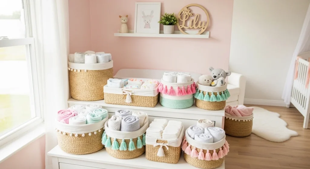 girls nursery with storage baskets clean and organized look