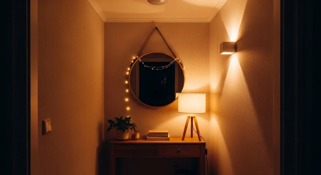 small entryway with layered lighting creating warm cozy feel
