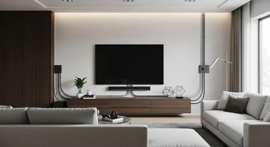 living room with hidden cables clean modern setup