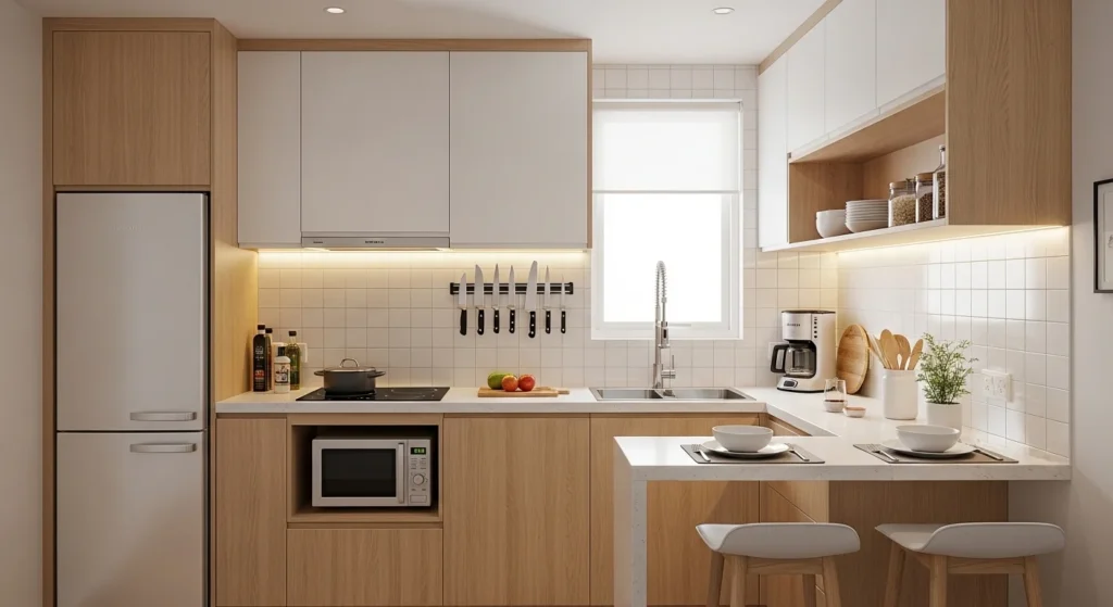 compact kitchen layout with smart space saving design