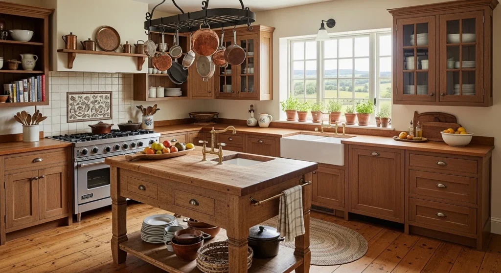 farmhouse kitchen layout cozy wood cabinets rustic modern design