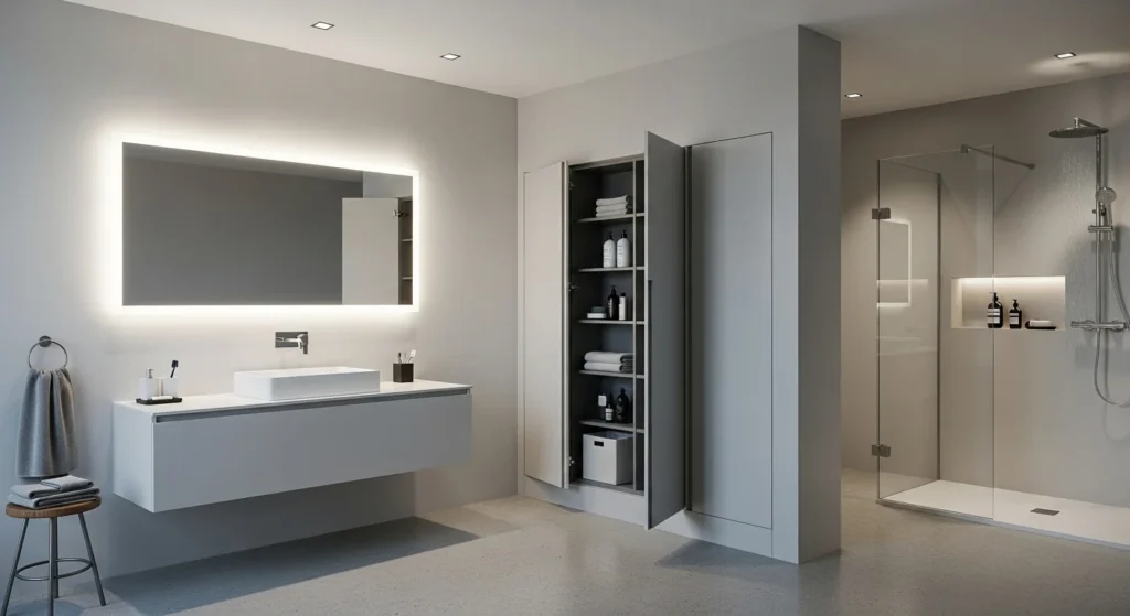 bathroom with hidden storage keeping space clean and organized