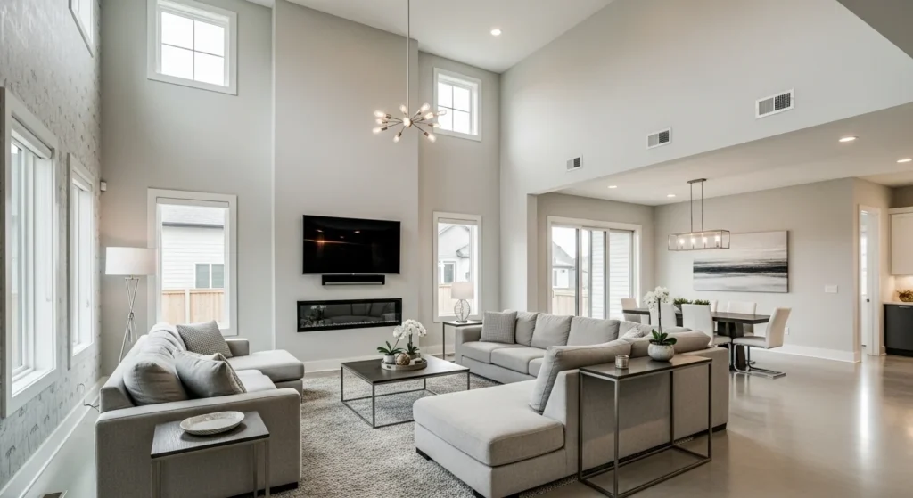 open concept living room with sectional sofa defining space layout