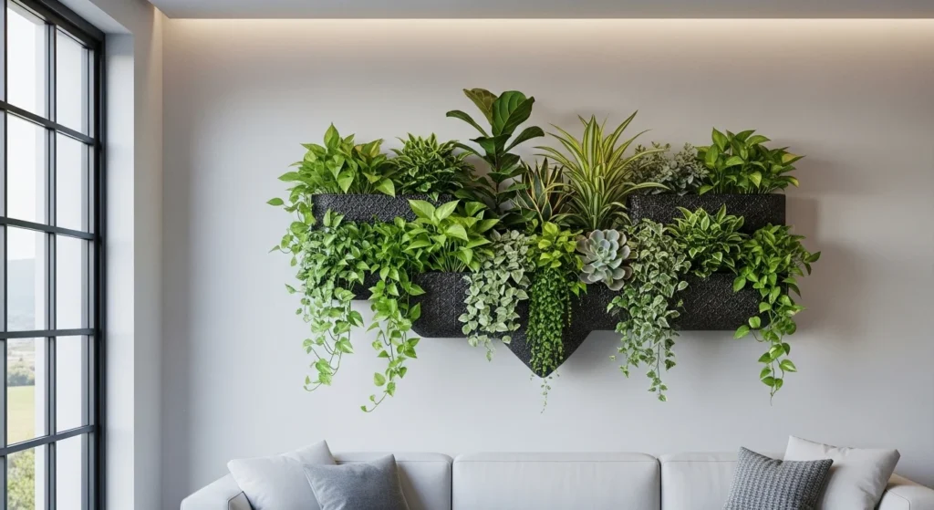 living room wall planters greenery decor fresh modern style
