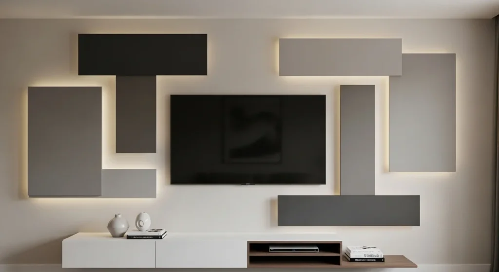 living room tv wall with floating panels modern clean setup