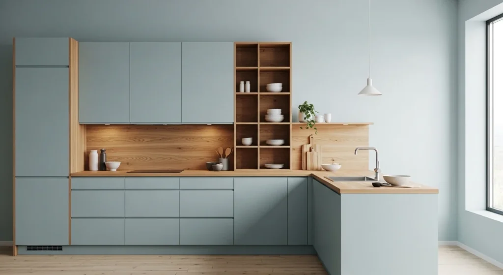 light blue scandinavian kitchen with wood accents clean design