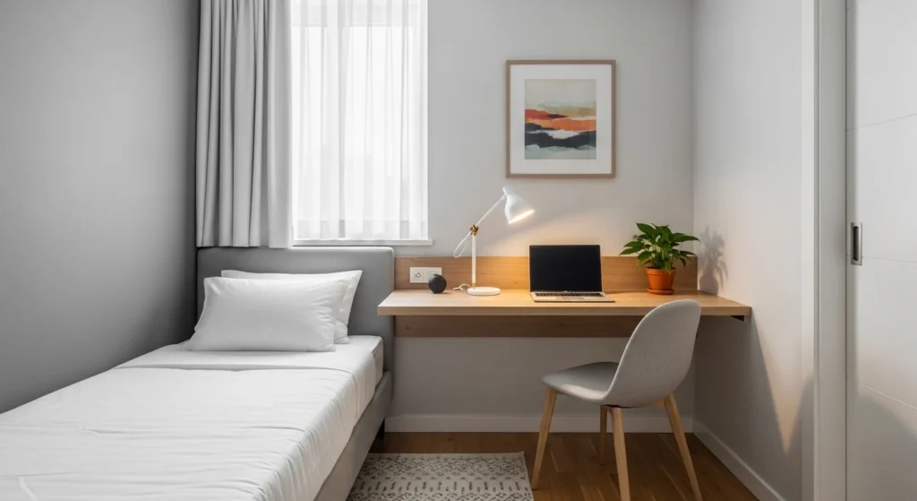 small bedroom with compact desk setup saving space efficiently