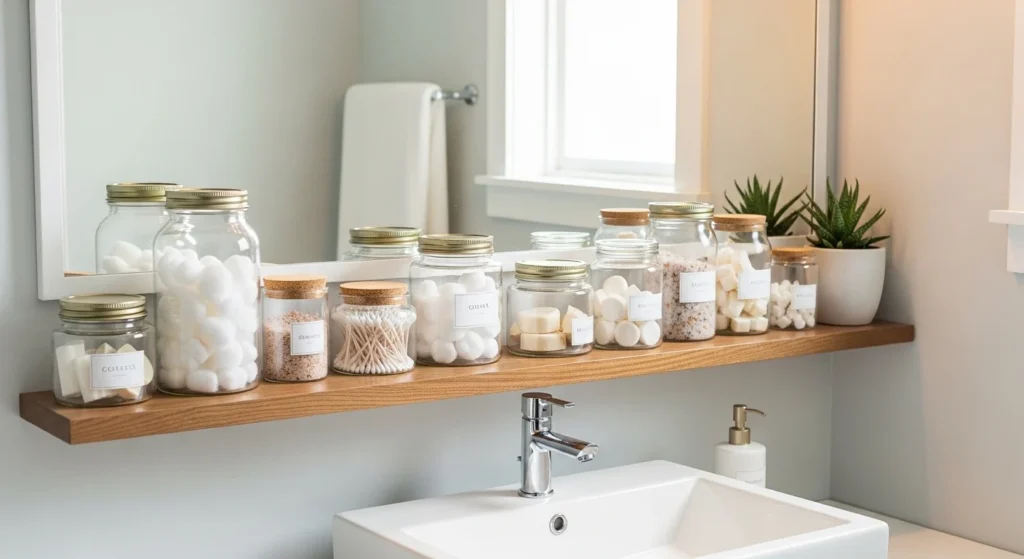 bathroom with glass jars clean organized aesthetic setup