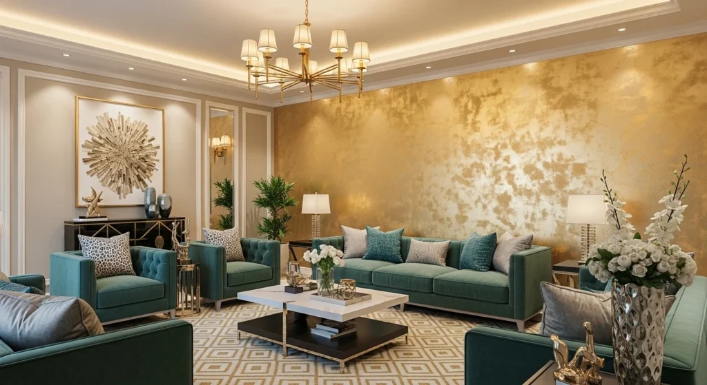 living room with metallic wall paint adding luxury shimmer effect