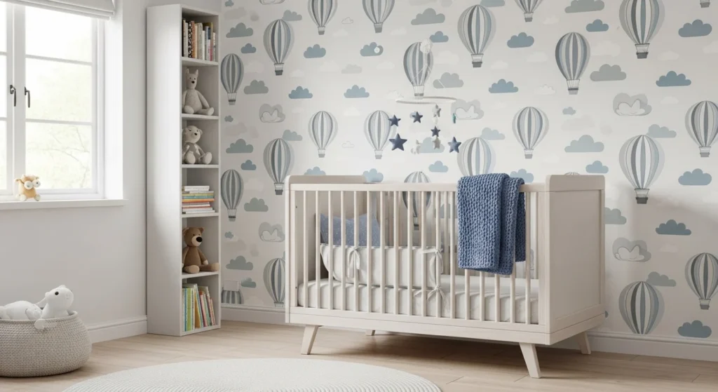 boys nursery with soft patterned wallpaper modern look