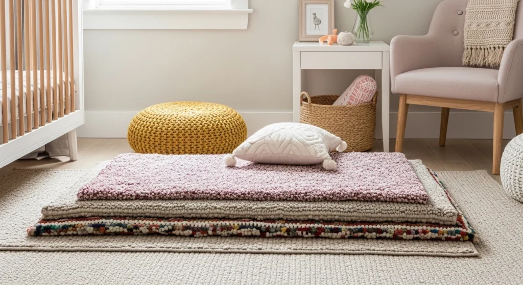 girls nursery with layered rugs cozy soft floor setup