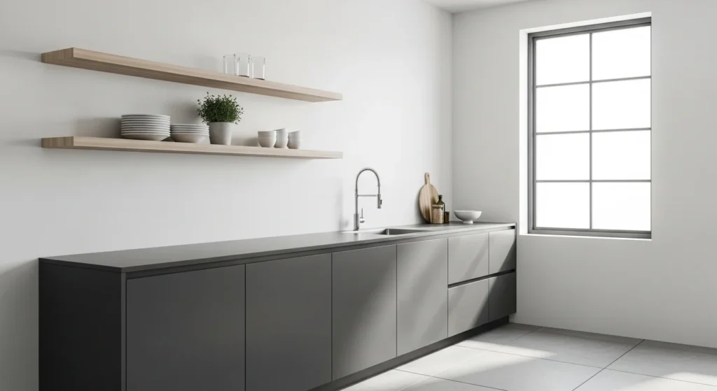 kitchen with floating shelves creating open storage look