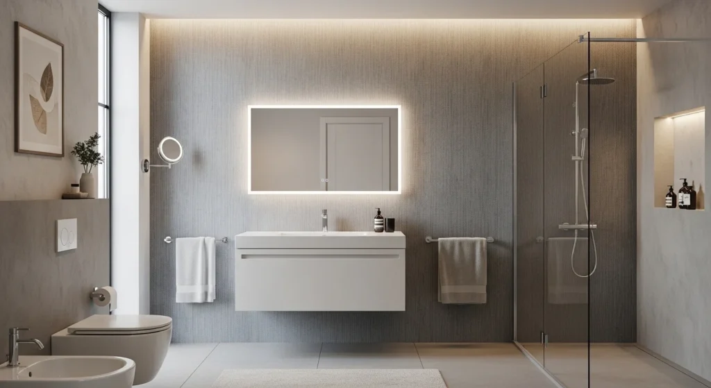 bathroom with textured walls adding depth and elegant design