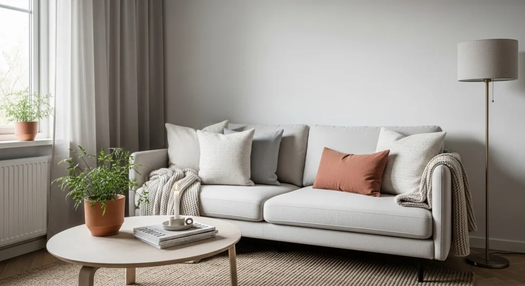 small living room with neutral sofa cozy aesthetic styling