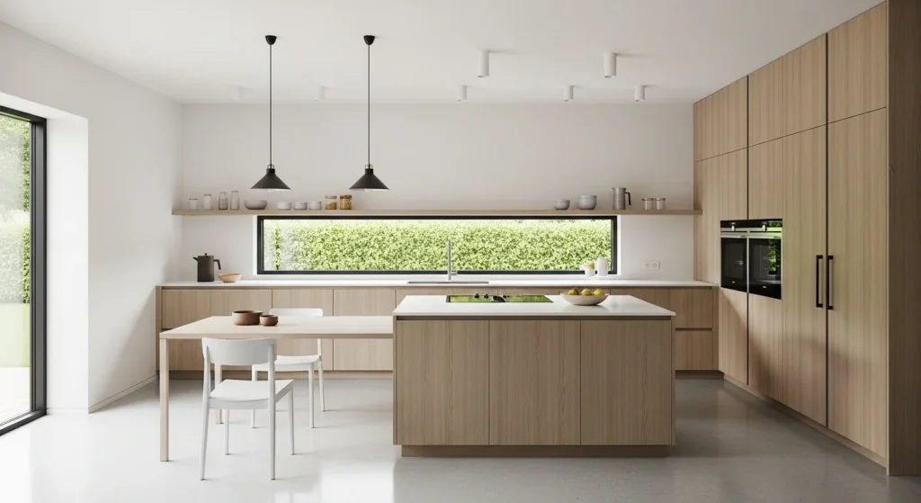minimalist kitchen layout clean lines neutral tones clutter free design